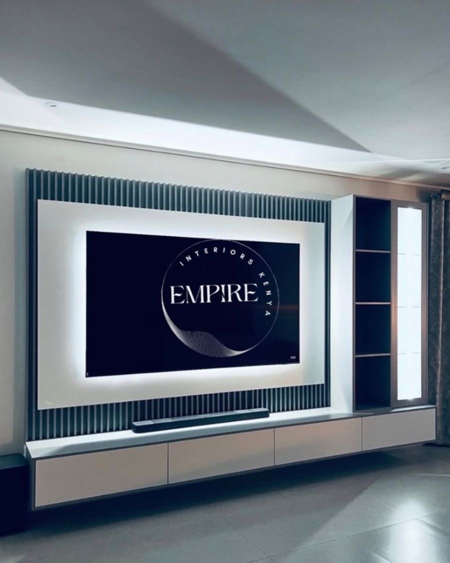 Fluted feature wall with backlit TV panel and shelving