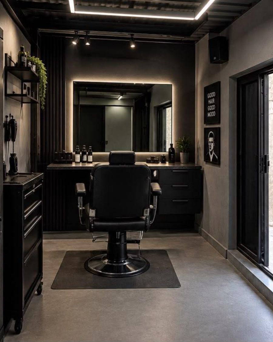 Matte black barber suite with backlit mirror